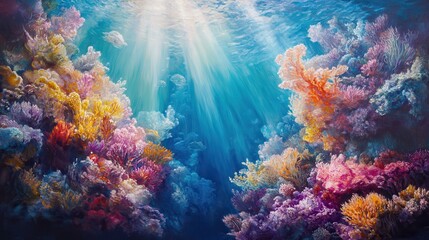 Obraz premium Vibrant painting of a lively coral reef teeming with diverse marine life, featuring vivid corals in various colors, illuminated by sunbeams piercing through crystal-clear blue water.