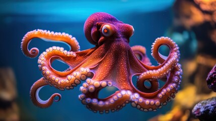 A mesmerizing close-up captures an elegant octopus gracefully facing right, its sinuous form highlighting intricate textures against soft lighting