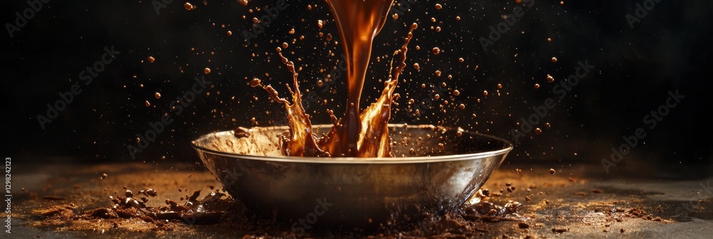 Poster chocolate mixture splashes dramatically in silver bowl on dark background during cooking process. ge