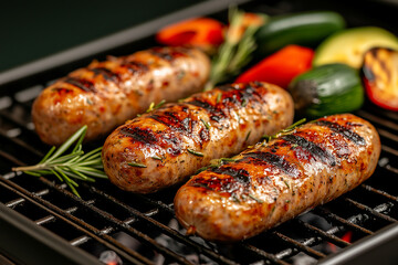 Sausages and vegetables on the grill.
Close up view.