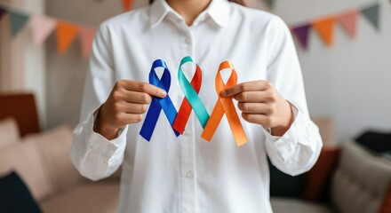 Person holding blue, orange, and teal awareness ribbons, symbolizing different causes