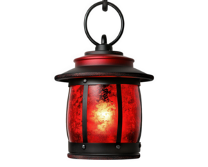 red garden lantern hanging with warm glow, perfect for outdoor ambiance. This decorative light adds charm to any space, creating cozy atmosphere for gatherings