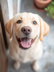 Portrait of labrador retriever puppy dog sit and smile cheerful