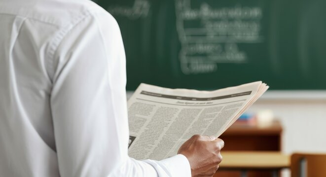 Man holding newspaper in classroom setting - Powered by Adobe