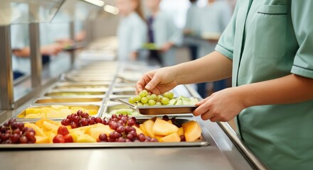 Person serving fruits in cafeteria with various options available