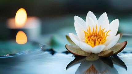 Close Up View of a White Lotus Flower with Yellow Center Floating on Water with Reflections