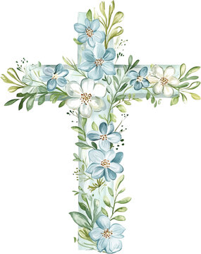 Floral Christian cross illustration, perfect for Holy Communion invitations, religious holiday decorations, and printable faith-based designs.  