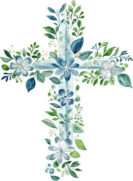 watercolor cross with botanical elements, designed for faith-based social media graphics, digital prints, and spiritual wall art.  