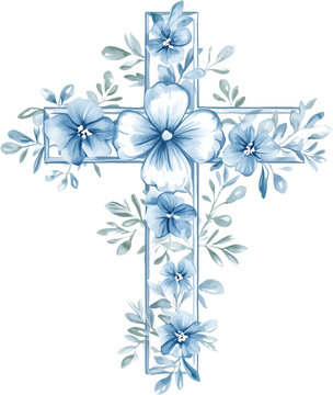 floral cross design, suitable for Easter greeting cards, Christian-themed scrapbooking, religious posters, and baptism decorations.  