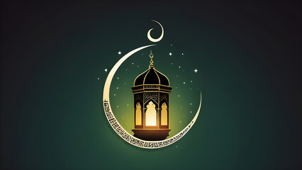 Illuminated lantern inside a crescent moon with arabic calligraphy and stars, symbolizing Ramadan, Eid, and Islamic culture
