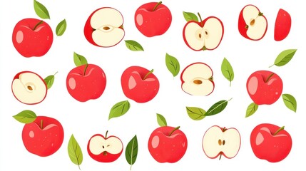 Ripe red apple cut and whole with green leaf art for food, healthy diet use