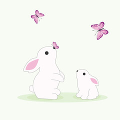 Easter Background with bunny and pink butterfly.Mama Bunny and Baby.Design for card,easter,celebration.Vector illustration.