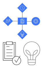 Geometric infographic with clock, team, lightbulb, gear icons, checklist, and tick. Ideal for productivity, planning innovation organization teamwork management and process strategy. Abstract