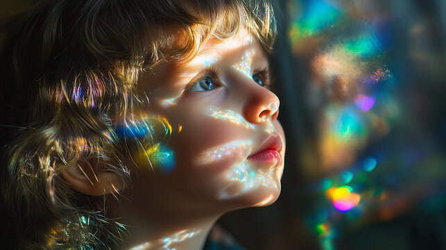 young boy gazes upward, face aglow with crystalline light dispersion, wonder and curiosity shining in his bright eyes