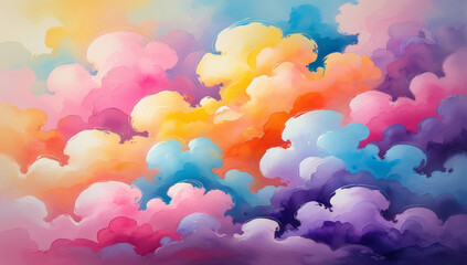 Colorful watercolor cloud landscape in soft and bright pastel colors, personifying fantasy and tranquility