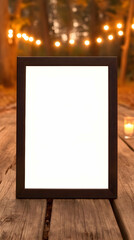 Blank Frame Mockup: Wooden Frame on Rustic Table