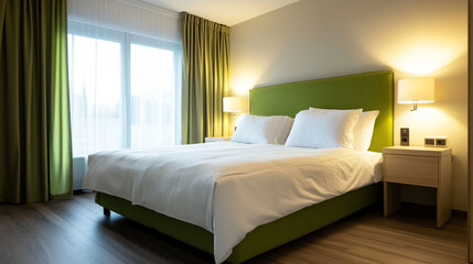 Minimalistic composition of bedroom interior with wooden bed,  new modern bedroom in a apartment