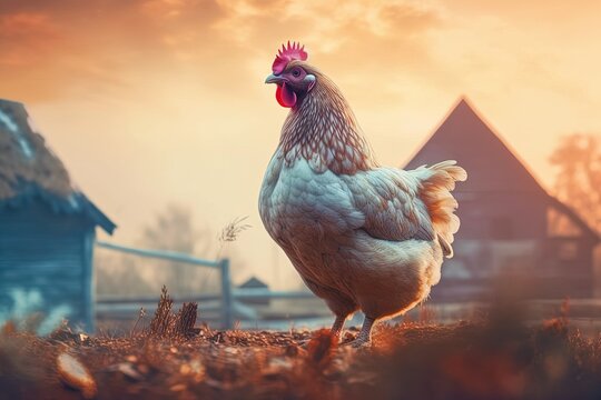 white free range chicken stands on a farm, blurred background,