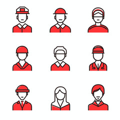 Diverse Occupation Avatars in Red and Black Line Art Icon Set Design
