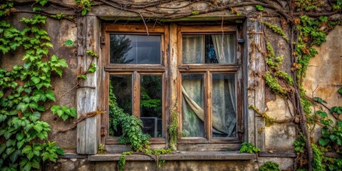 Overgrown Window in Rustic Building Weathered Wood Frame, Vines, and a Curtain