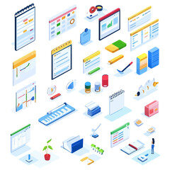 Isometric Office Essentials: Calendars, Notepads, Charts, and Stationery