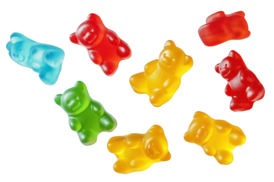 Flying jelly gummy bears, isolate background