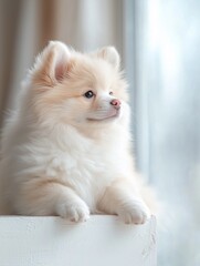 Portrait of pomeranian spitz puppy dog sit and smile cheerful