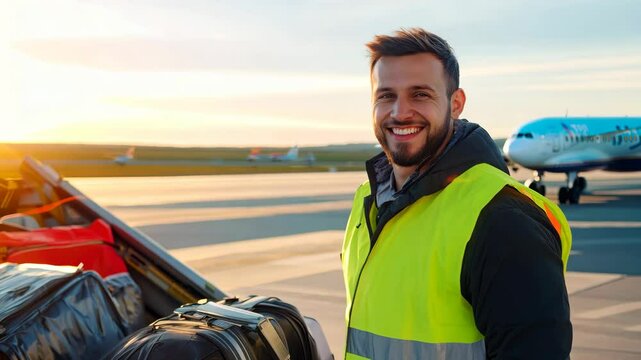 Smiling airport baggage handler wearing a high-visibility vest working on the runway at sunset