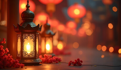 Glowing metal lantern radiating warmth against blurred red lanterns and soft bokeh, capturing nighttime festive ambiance