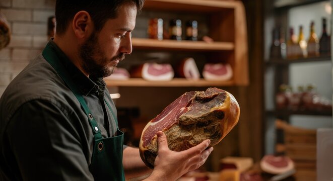 Butcher in apron inspecting cured meat shop setting