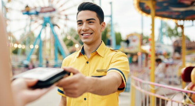 Smiling man in yellow shirt working at amusement park