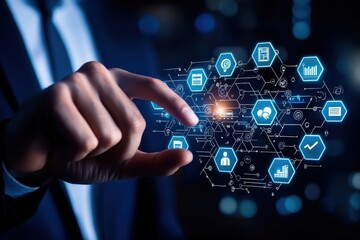 Fototapeta premium Man in suit interacting with futuristic digital interface representing business and technology concepts