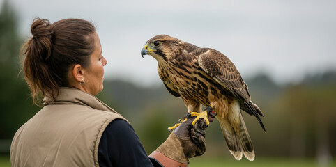 Woman holding falcon on her gloved hand outdoors
