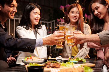 Throw a party Celebrate whiskey at a friendly party in a restaurant. Night.