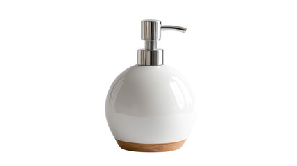 Stylish white soap dispenser with wooden base for modern bathrooms and kitchens