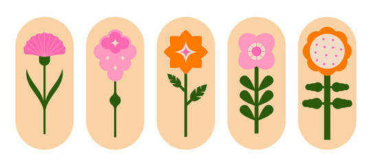 Set of trendy color geometric flowers. Flower and leaves abstract shape design in folk style for print, wallpaper, clipart, wall art for home decoration.