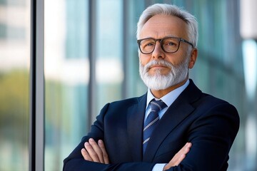 Fototapeta premium Senior man with white beard and glasses discussing business and technology concepts in a modern setting