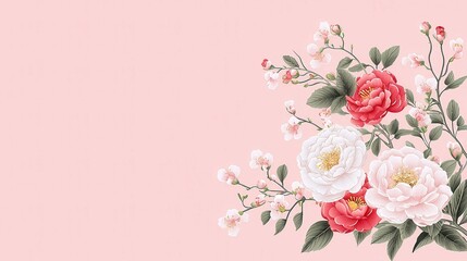 Floral Hanbok Motif Design for Embroidery, Elegant vector line art featuring traditional Korean attire patterns, ample copy-space for personalized messages or branding