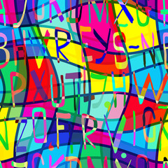 Colorful seamless pattern. Abstract background with letters and curved lines. Design for fabrics and wallpaper. Vector illustration.