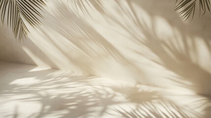 Obraz premium Sunlit palm leaf shadows on beige wall creating a tranquil natural atmosphere