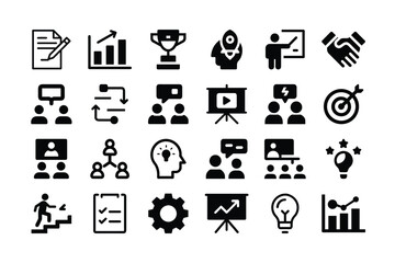 A comprehensive set of black and white business and project management icons, ideal for websites, presentations, or documents.