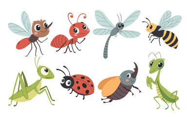 Cute bugs and insects cartoon characters. Happy insects in kids style.Mantis, mosquito, spider, caterpillar, worm, ladybug, snail, dragonfly, bee. Vector illustration