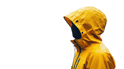 Person wearing a yellow rain jacket stands sideways against a plain white background during a rainy day