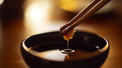 美しい握り寿司を醤油に軽くつける洗練の瞬間