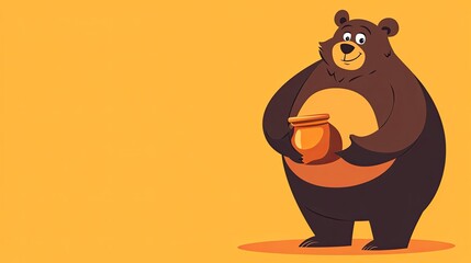 Cartoon bear holding honey pot, yellow background