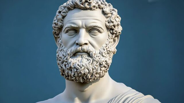 Sculpture of a bearded ancient philosopher outdoors against a blue background in a city setting