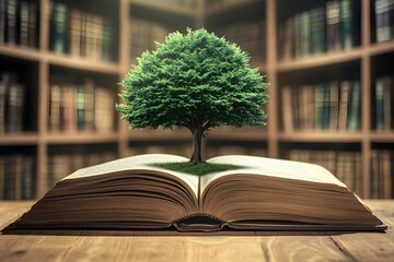 Tree Growing from Open Book in Library