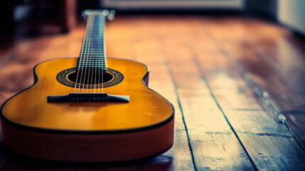 Fototapeta premium Spanish acoustic guitar centered on wooden floor, evoking timeless musical elegance.