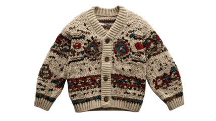 Handmade wool cardigan with intricate patterns designed for cold weather wear in winter settings