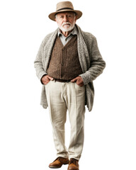 Stylish senior man posing with hands in pockets on transparent background